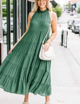 Come To Me Hunter Green Tiered Midi Dress