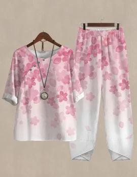 Pink Cherry Blossom Print Top And Pants Two-piece Suits