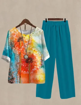 Women’s Dandelion Print Half Sleeve Top And Casual Pants Linen Two Pieces