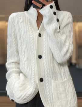 White Button Front Pocket Sweater Cardigan