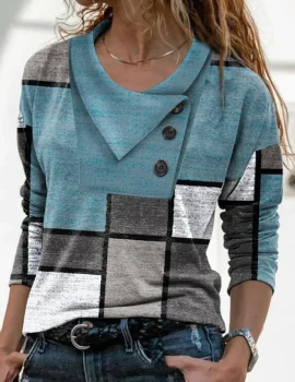 Cowl Neck Geometric Buttoned Casual T-Shirt/Tee