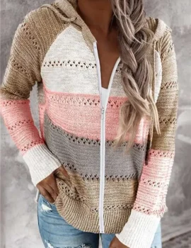 Contrast Color Knitted Zipper Lightweight Tops