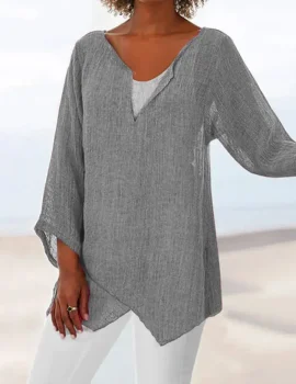 V Neck Asymmetric Solid Causal Tunic Tops