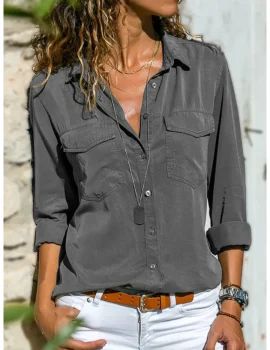 Plain Buttoned Pockets Casual Long Sleeve Shirt