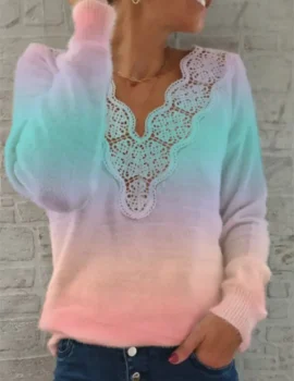 V-neck gradual change lace pullover sweater top