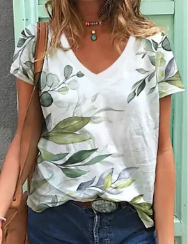 V Neck Floral Leaves Casual Resort Loose Knit T-Shirt/Tee