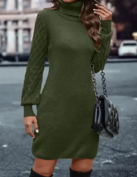 Turtleneck Bishop Sleeve Argyle Knit Sweater Dress