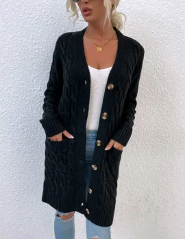 New long coat twist rope solid color cardigan sweater