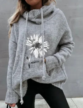 Grey Hoodie Floral Print Sweater