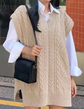 Split Hem Cable Knit Sweater Vest Without Blouse