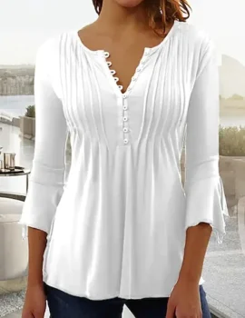 V Neck Buttoned Basic Casual Plain Ruched Tunic Top