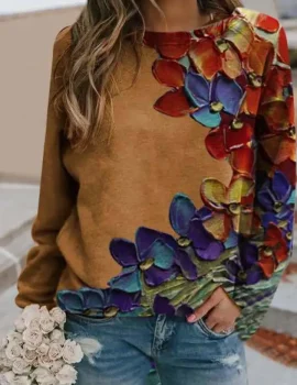 Crew Neck Floral Casual Sweatshirt