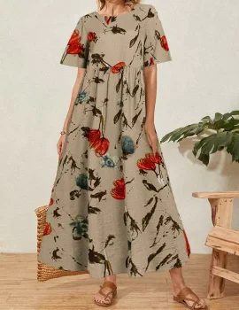 Women Short Sleeve Vintage Printed Casual Long Dress