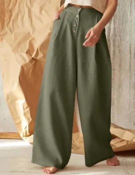 Button Detail Wide Leg Solid Pants