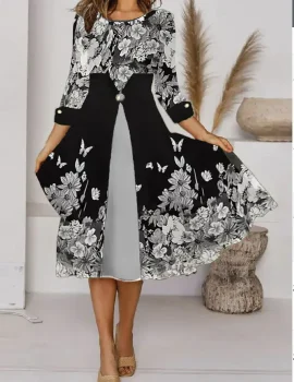 Printed elegant mid-sleeve round neck dress