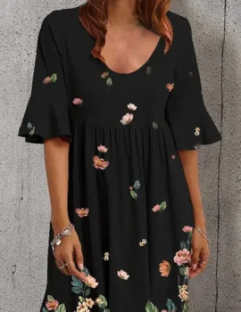 V-neck Botanical Floral Print Casual Midi Dress