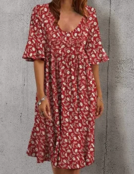 V-neck Botanical Floral Print Casual Midi Dress