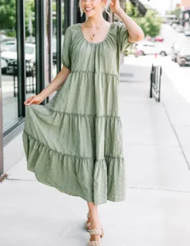 Listen To You Olive Green Tiered Midi Dress