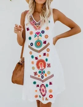 Boho V-neck Print Vest Sleeveless Loose Dress