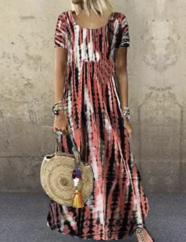 Ladies Round Neck Short Sleeve Tie-dye Printed Maxi Dress