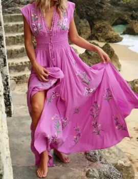 Women’s V-Neck Sexy French Beach Boho Print Dress