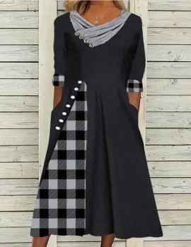 Plaid Print V-neck A-line Dress