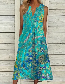 Vintage Print Pocket V-Neck Sleeveless Midi Dress