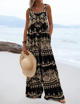 Tribal Print Wide Leg Suspender Jumpsuit