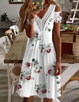 Women’s Dresses V-Neck Lace Panel Off Shoulder Print Dress