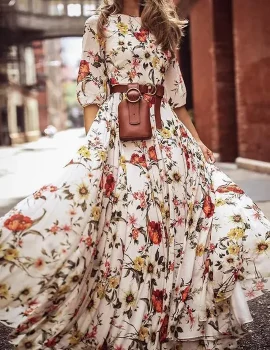 Floral Print Round Neck Bohemia Maxi Dress