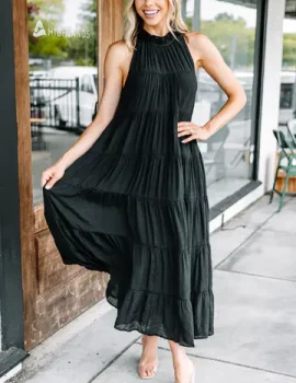 Come To Me Black Tiered Midi Dress