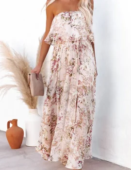 Beige Strapless Floral Print Maxi Dress