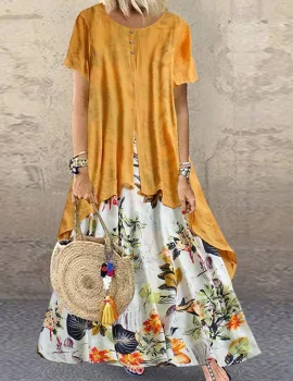 Autumn Cotton-linen print round neck fake two-piece dress short sleeve pullover Dress