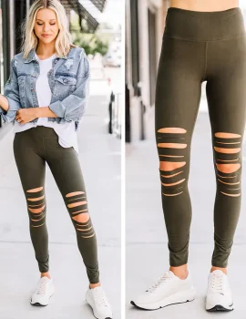 Make The Adjustments Olive Green Distressed Leggings