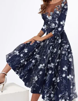 Casual Round Neck Waist Printed Long Dress S-3XL