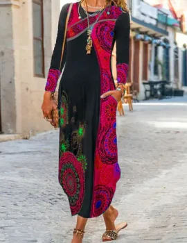 Ethnic print long-sleeved dress