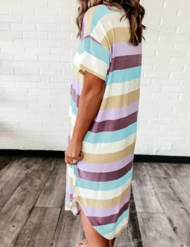 V-neck Casual Loose Colorful Striped Print Short Sleeve Midi Dress