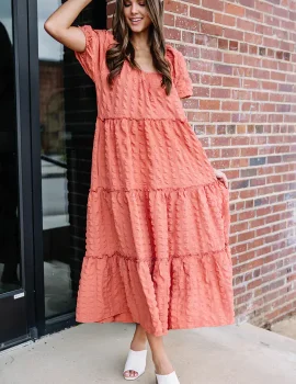 Listen To You Salmon Pink Tiered Midi Dress