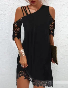 Contrast Lace Cold Shoulder Casual Dress