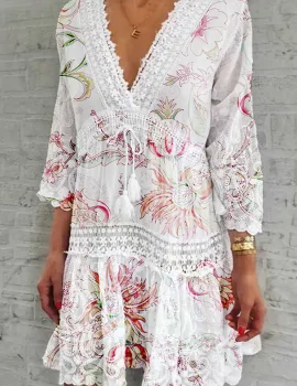 V-neck Printed Three-quarter Sleeve Cutout Mini Dress