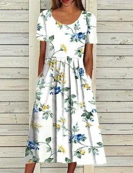 Women’s Printed Round Neck Short Sleeve Large Swing Dress