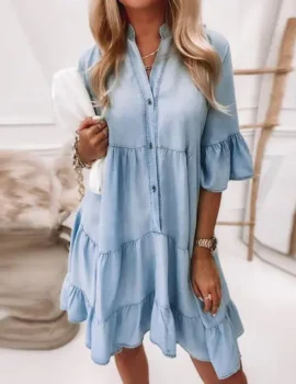 Solid Color Half Sleeve Denim Dress