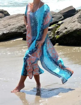 2018 New Chiffon Print Short Sleeve Plus Size Beach Maxi Dress