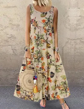 Vintage Floral Print Sleeveless Crew Neck Long Dress